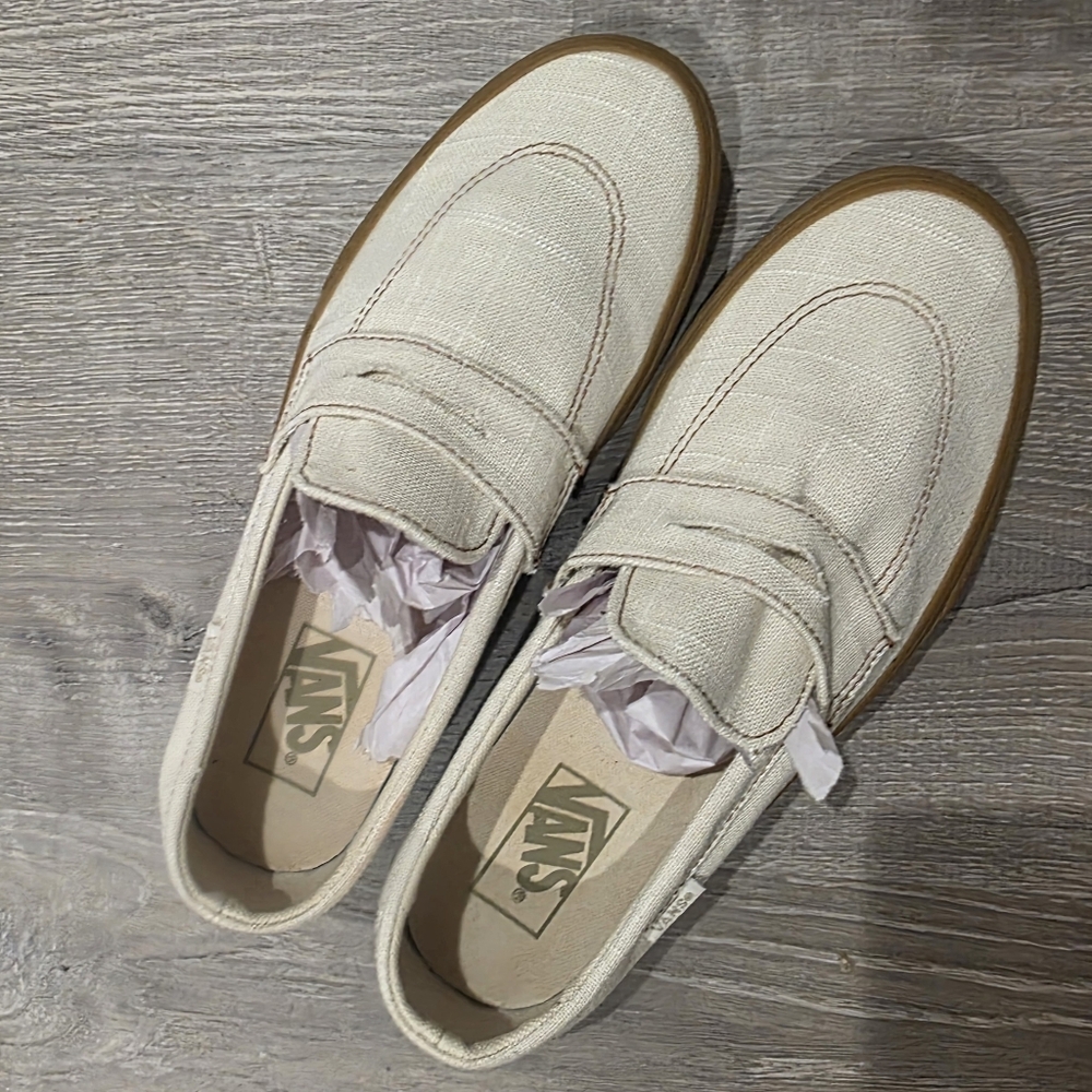 Vans Cream Slip-On Shoes with Brown Soles Penny Loafer Style